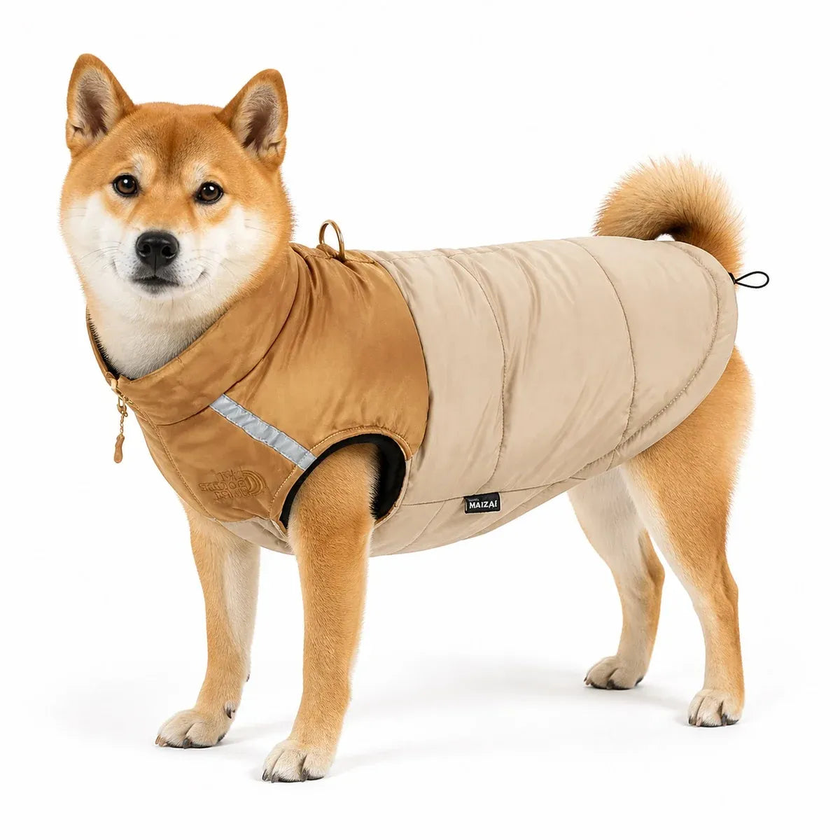 Brown Black Padded Dog Coat worn by a dog on a white background
