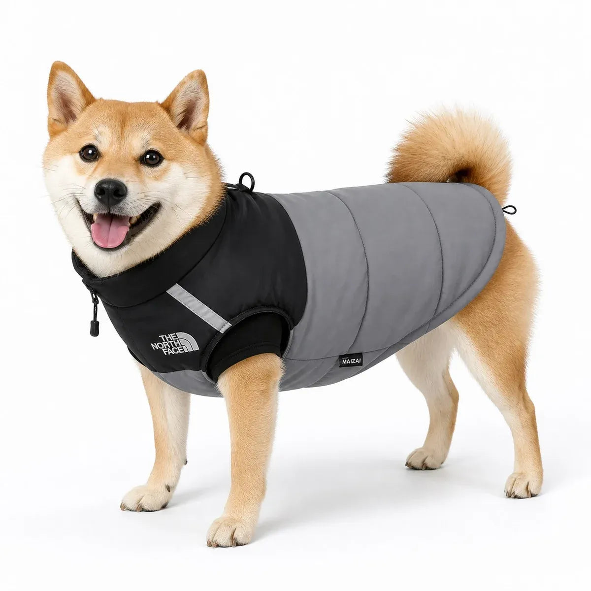 Gray Black Padded Dog Coat worn by a dog on a white background