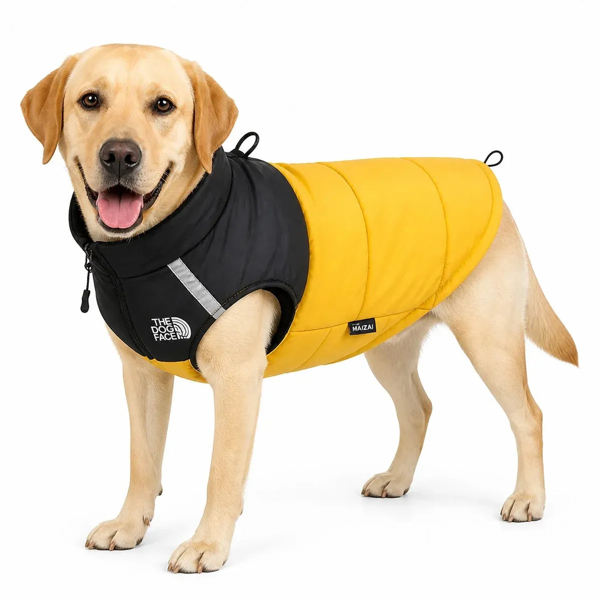 Yellow Black Padded Dog Coat worn by a dog on a white background