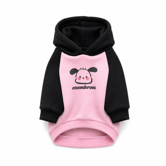 Black and Pink black and pink hooded dog sweatshirt shown alone on a white background