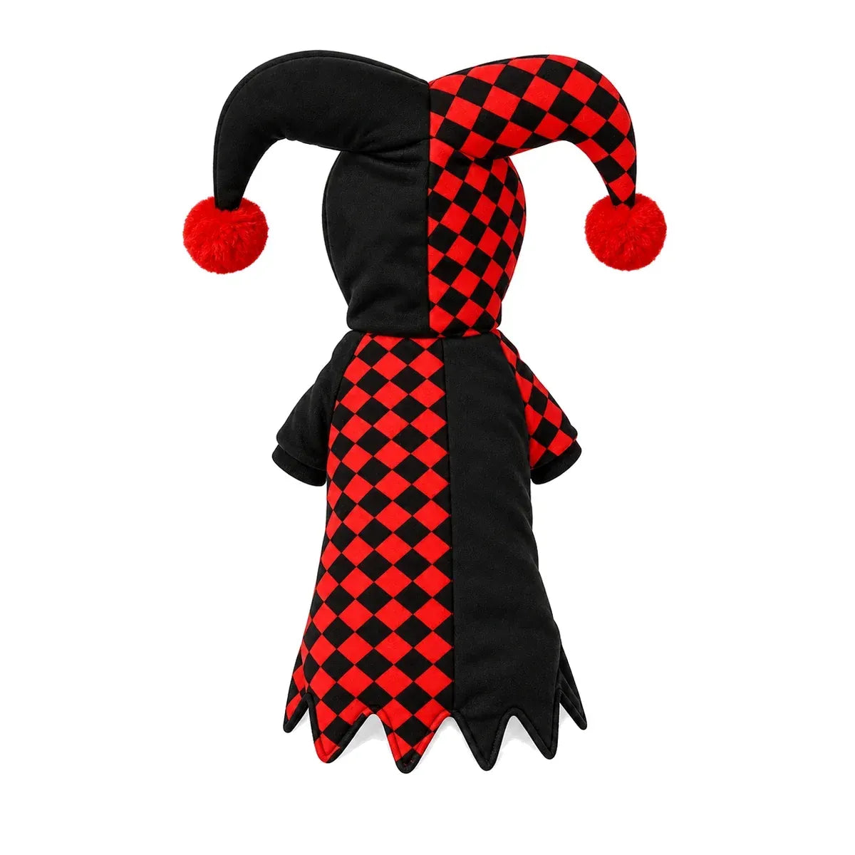 Black and red checkerboard jester pet costume with twin pom-pom hood on a pure white background