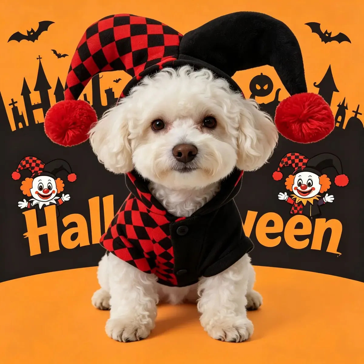 Small white dog wearing a black and red jester pet costume in a Halloween portrait