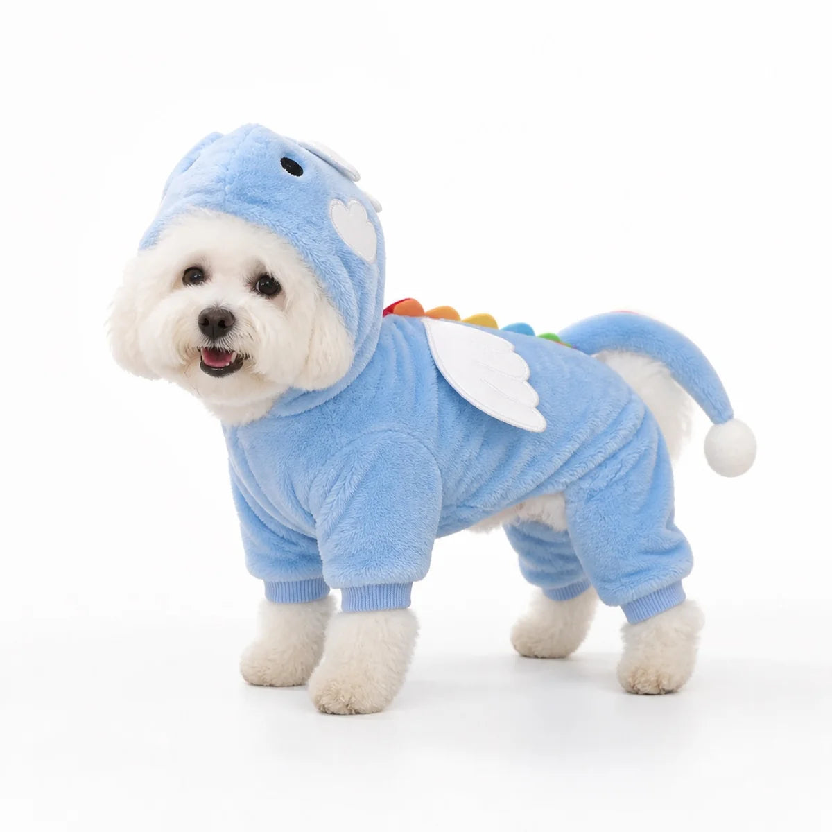 Blue blue dragon pet costume worn by a pet on a white background