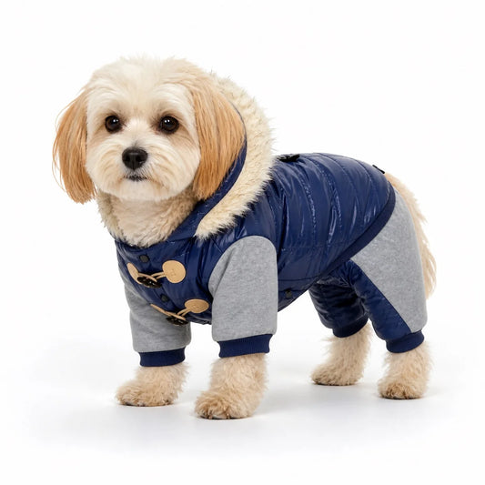 dog wearing a Blue blue four-leg padded dog coat