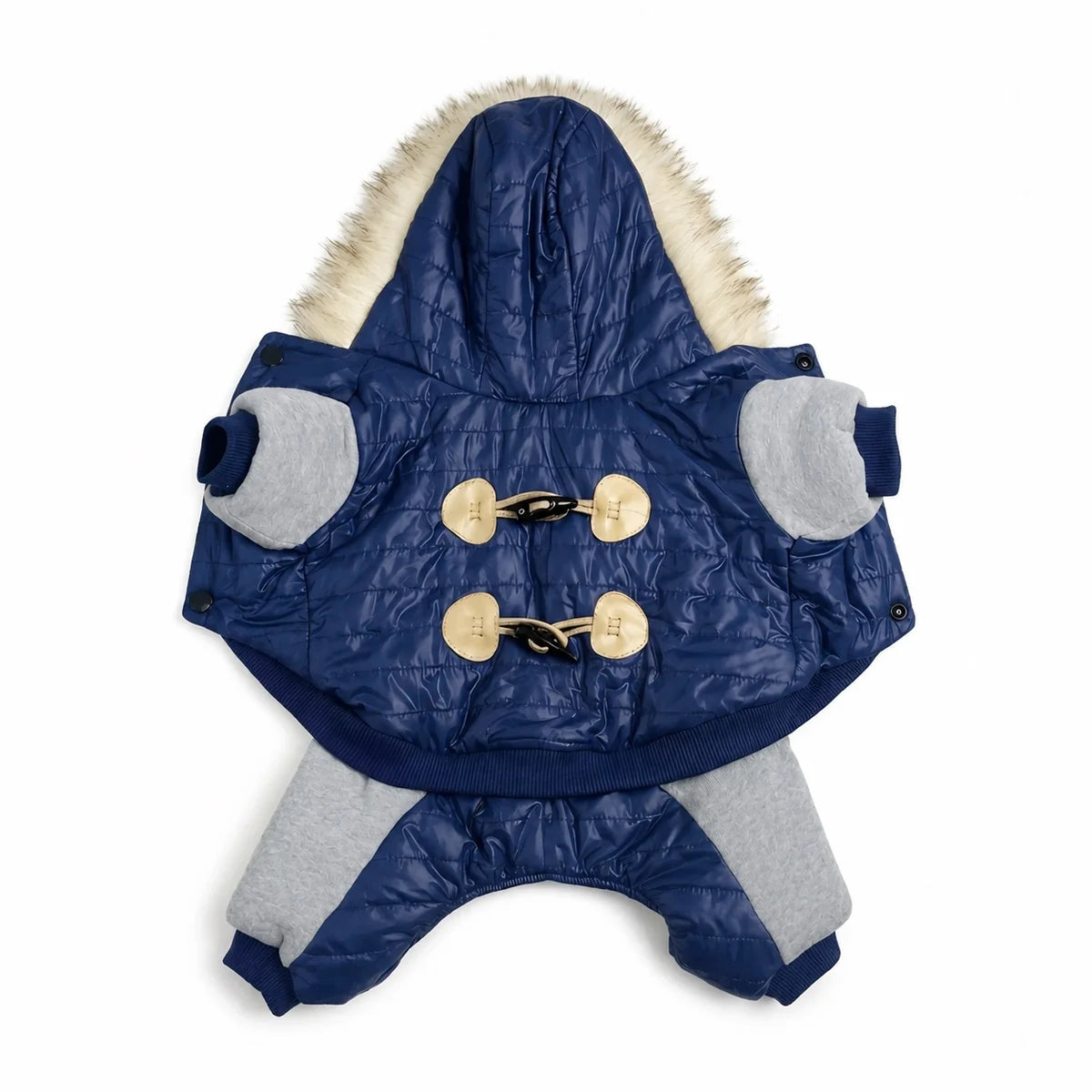 Blue blue four-leg padded dog coat shown alone on a white background