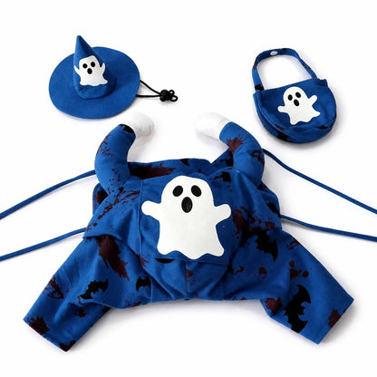 Blue ghost Halloween dog costume with cone hat and matching bag on white