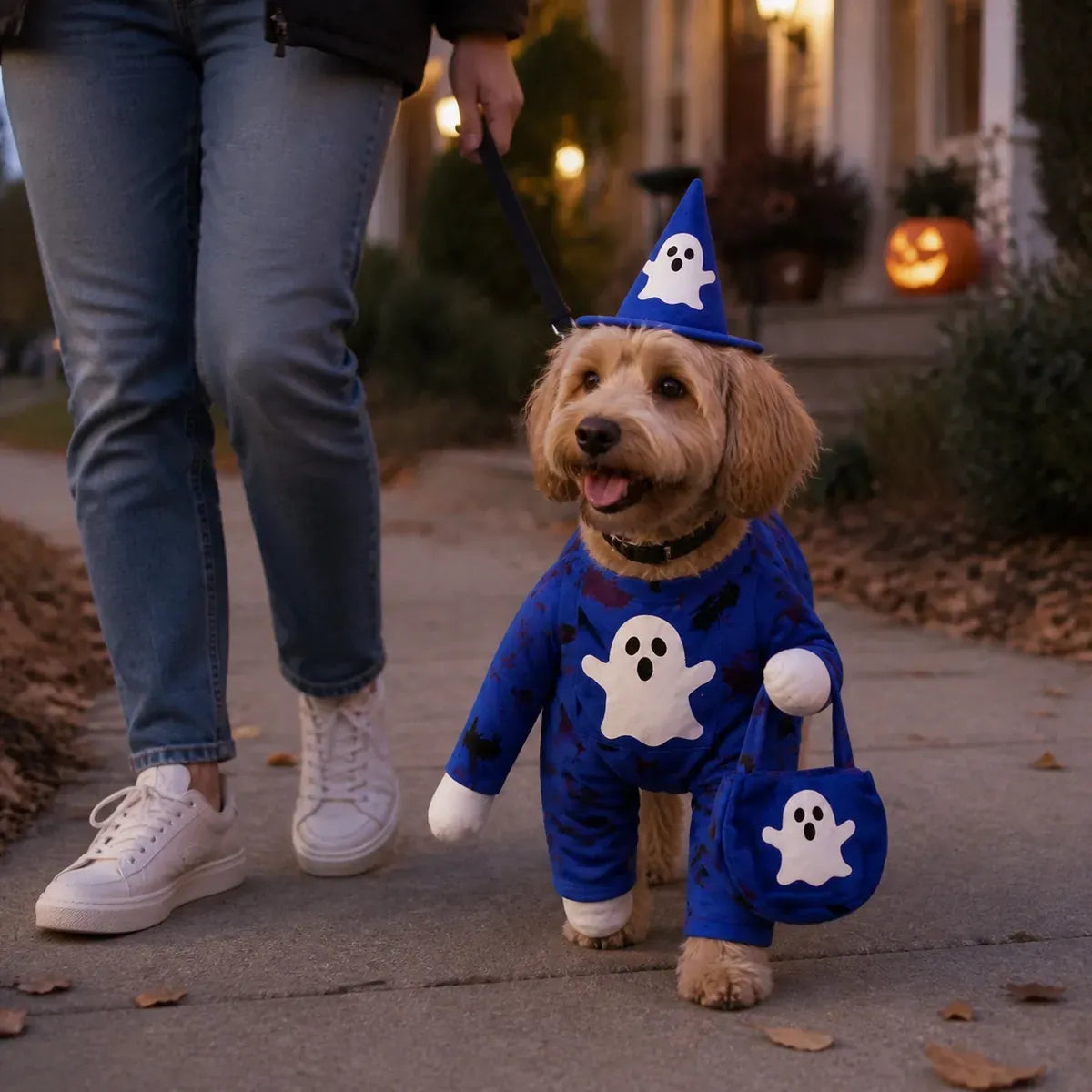 Owner walking a small dog in a blue ghost Halloween costume
