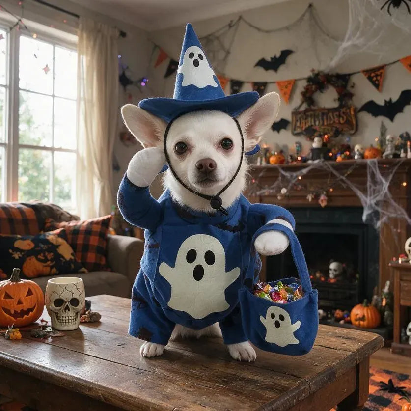 Small dog wearing a blue ghost costume at home for Halloween photos