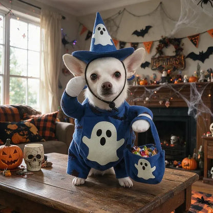 Small dog wearing a blue ghost costume at home for Halloween photos