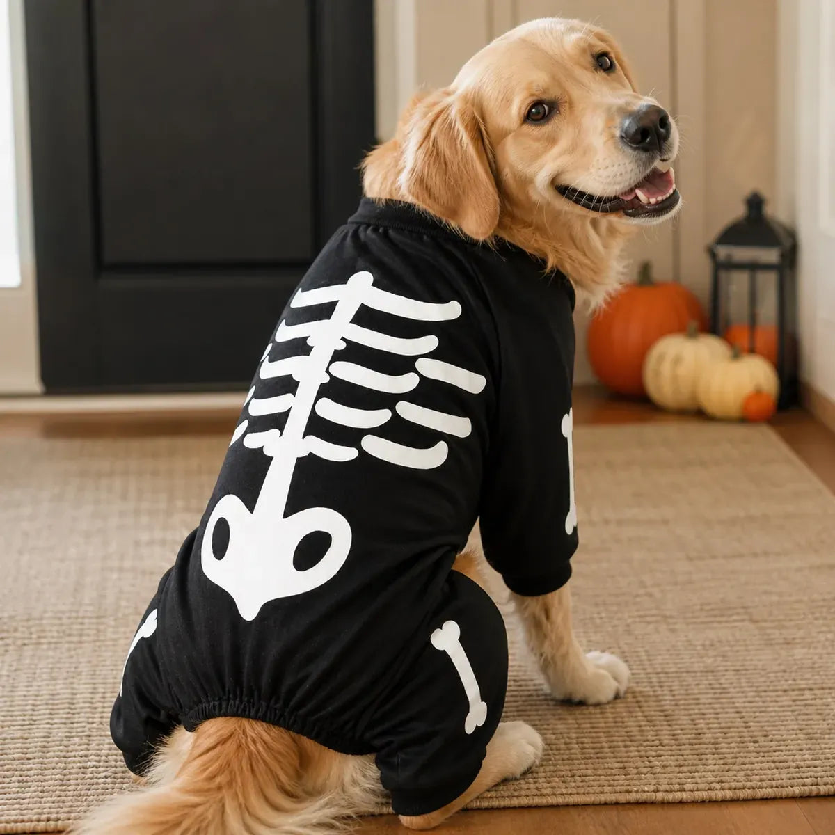 Brown dog wearing a full-body skeleton Halloween dog costume indoors