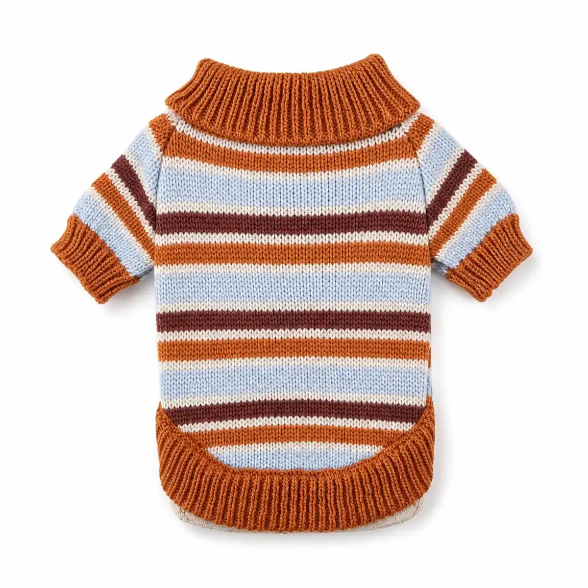 Brown and cream striped pet sweater shown alone on a white background