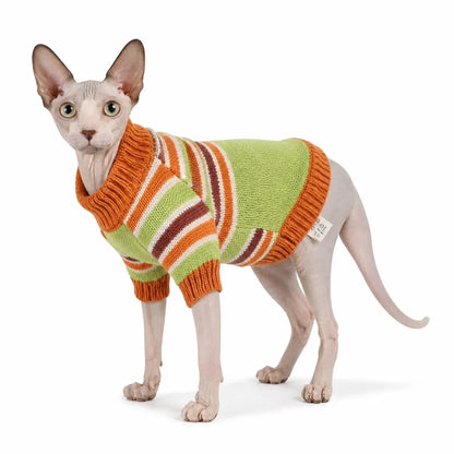 Brown and green striped pet sweater worn by a cat on a white background
