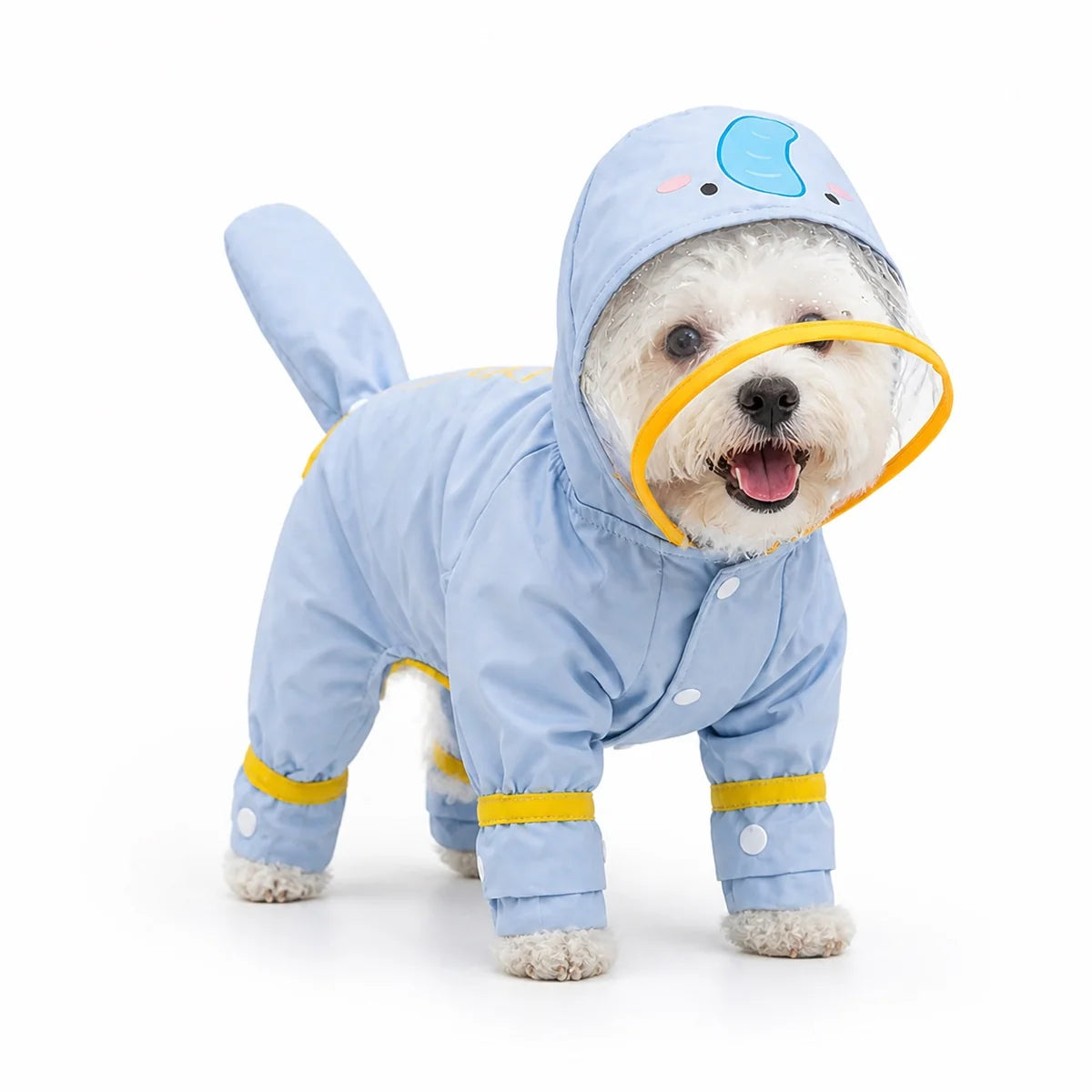 Blue elephant rain suit character full-coverage dog rain suit worn by a pet on a white background, image 4