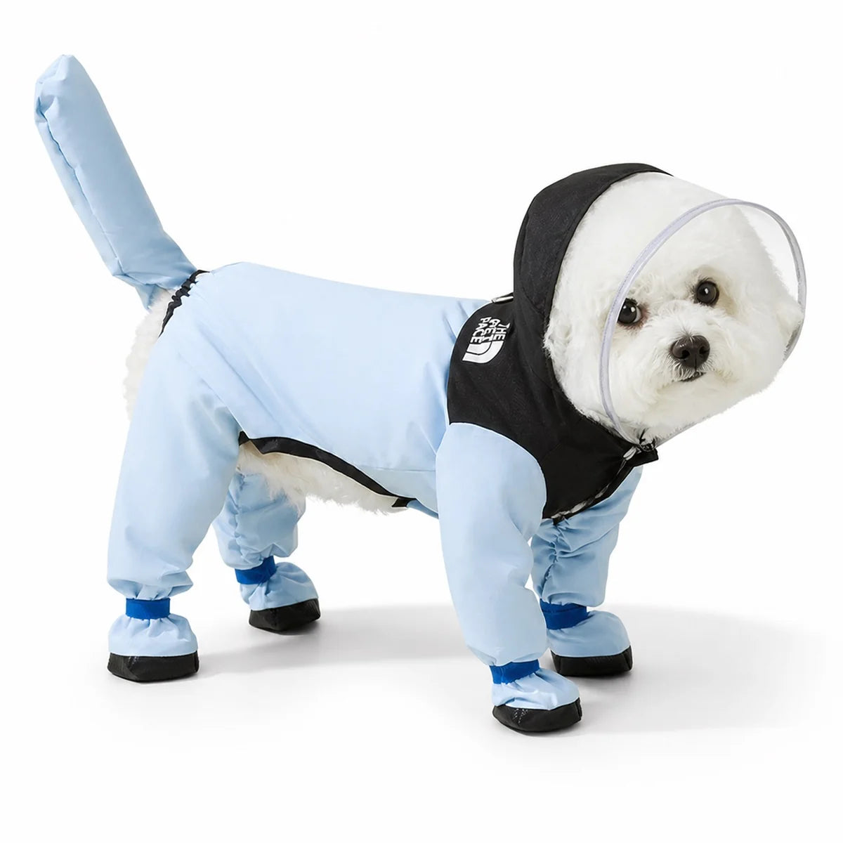 Blue blue black footed suit character full-coverage dog rain suit worn by a pet on a white background, image 12