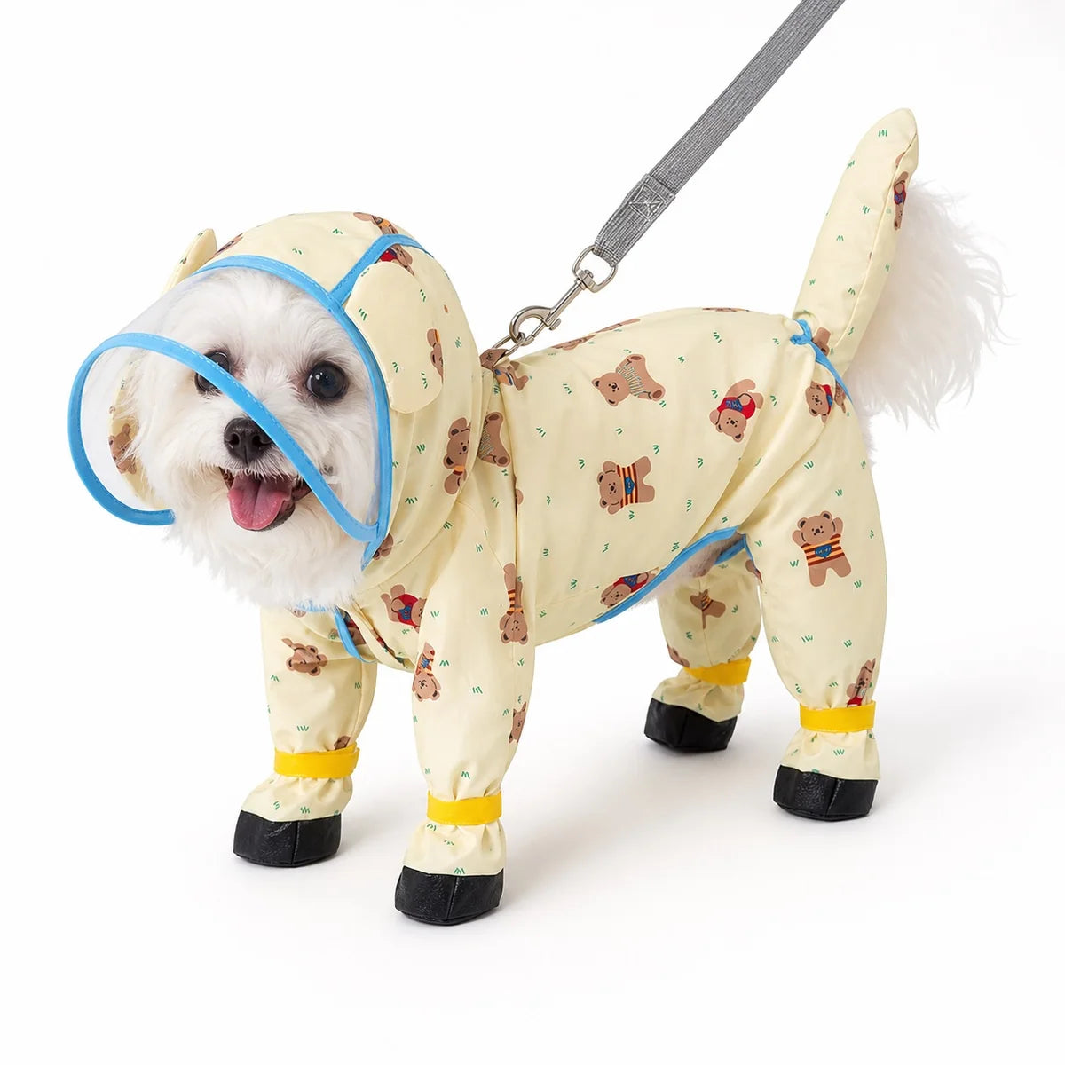 Cream bear footed suit character full-coverage dog rain suit worn by a pet on a white background, image 15