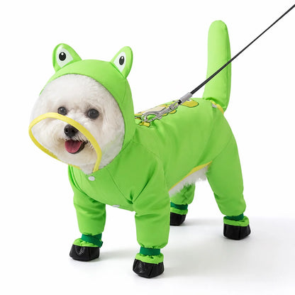 Green frog footed suit character full-coverage dog rain suit worn by a pet on a white background, image 8