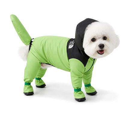 Green green black footed suit character full-coverage dog rain suit worn by a pet on a white background, image 11