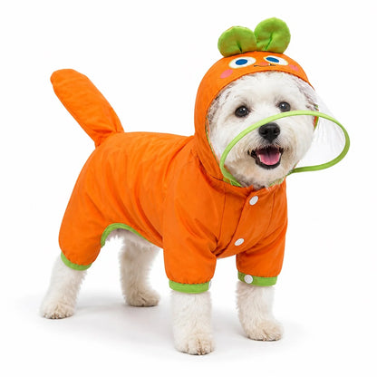 Orange carrot rain suit character full-coverage dog rain suit worn by a pet on a white background, image 3
