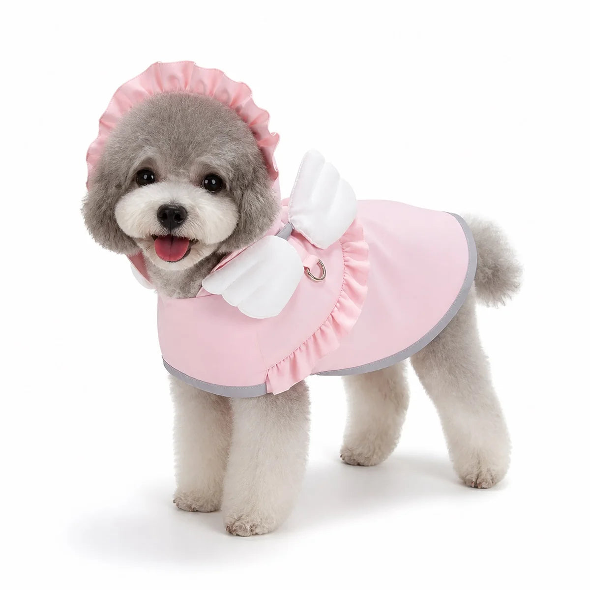 Pink angel poncho character full-coverage dog rain suit worn by a pet on a white background, image 19