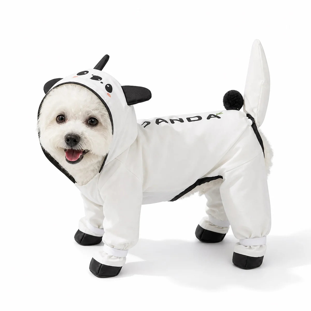 White panda footed suit character full-coverage dog rain suit worn by a pet on a white background, image 9