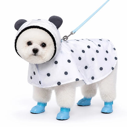 White polka dot bear poncho character full-coverage dog rain suit worn by a pet on a white background, image 16