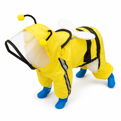 Yellow bee rain suit character full-coverage dog rain suit shown alone on a white background, image 2
