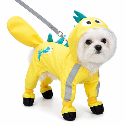 Yellow pineapple footed suit character full-coverage dog rain suit worn by a pet on a white background, image 10