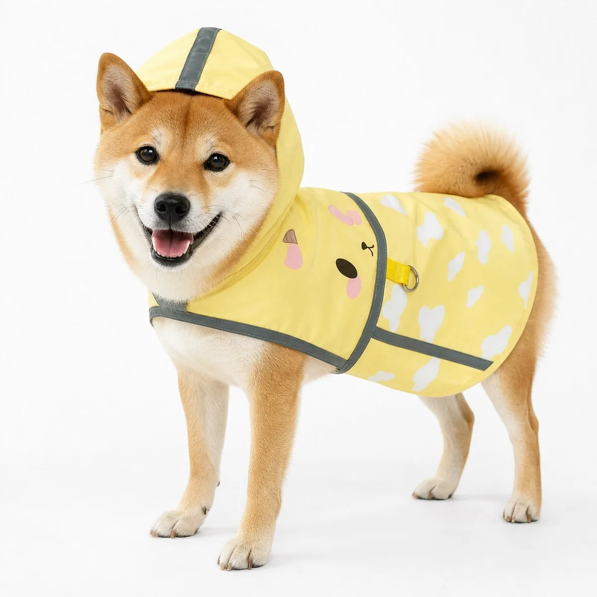 Yellow puppy poncho character full-coverage dog rain suit worn by a pet on a white background, image 17