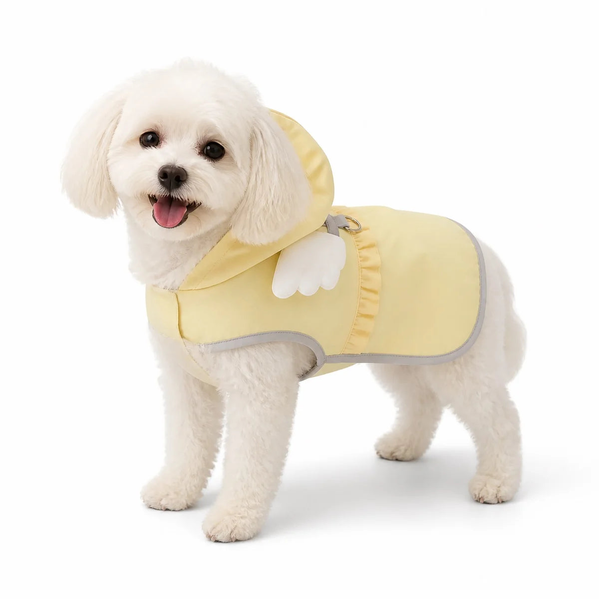 Yellow angel poncho character full-coverage dog rain suit worn by a pet on a white background, image 18