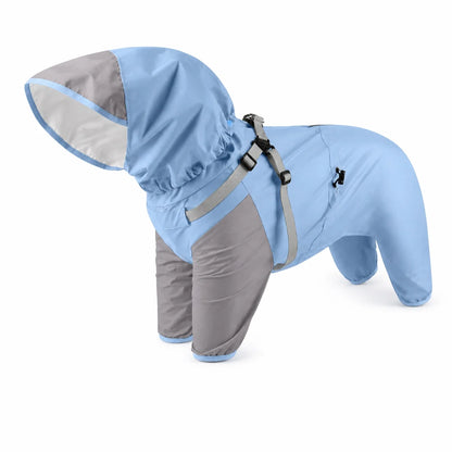 Blue colorblock dog rain jacket shown alone on a white background
