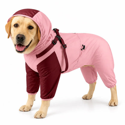 Pink colorblock dog rain jacket worn by a pet on a white background