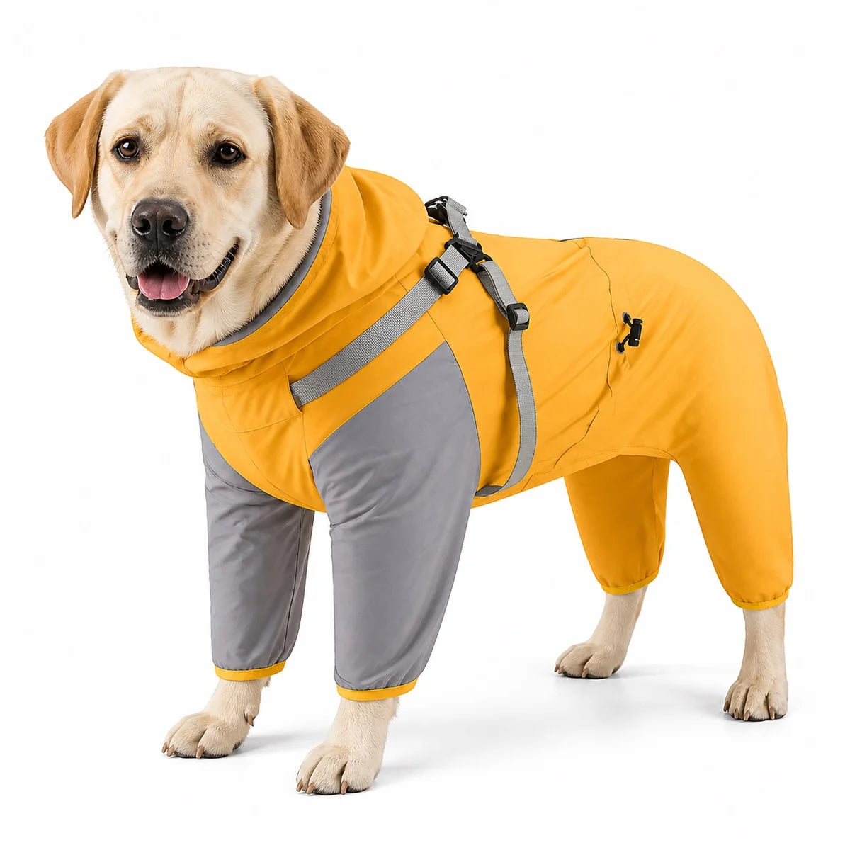 Yellow colorblock dog rain jacket worn by a pet on a white background