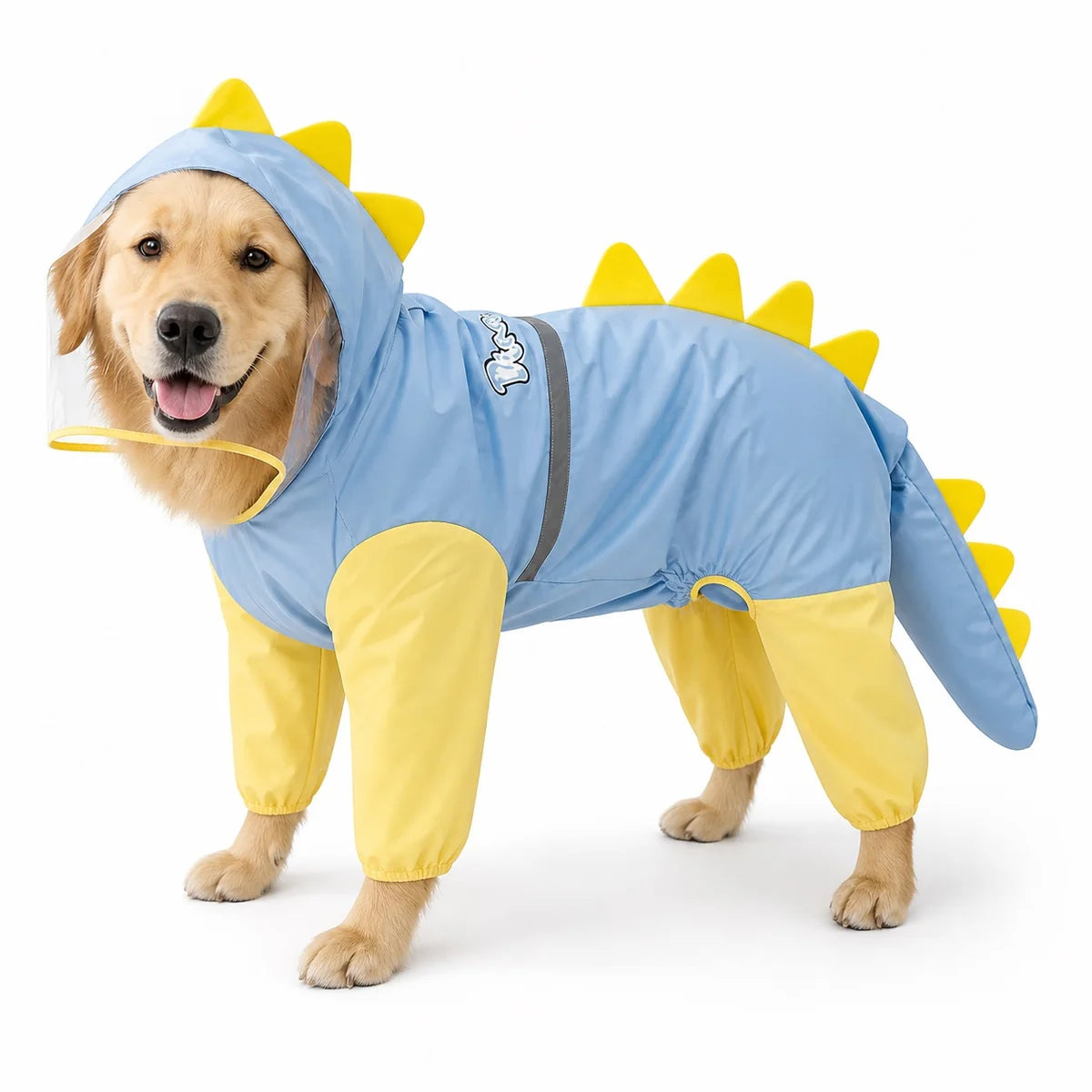 Blue dinosaur dog raincoat worn by a dog on a white background