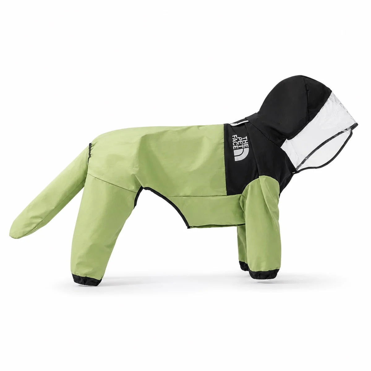 Green tail-cover dog raincoat shown alone on a white background