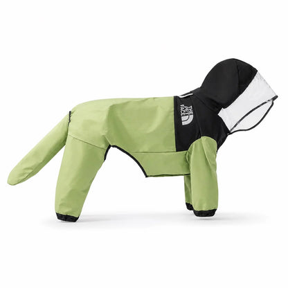 Green tail-cover dog raincoat shown alone on a white background