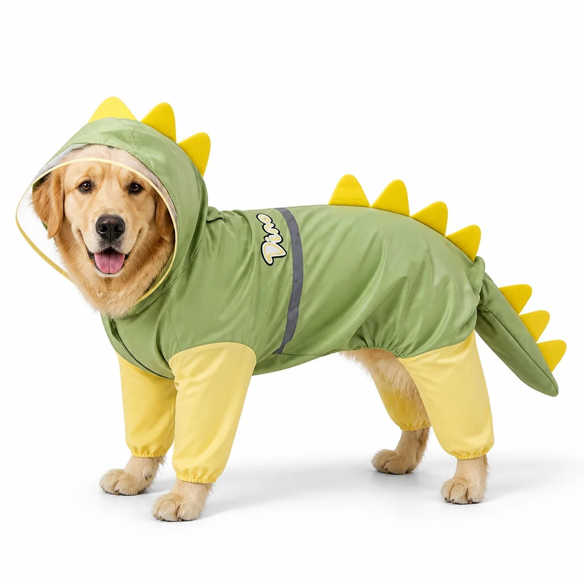Green dinosaur dog raincoat worn by a dog on a white background