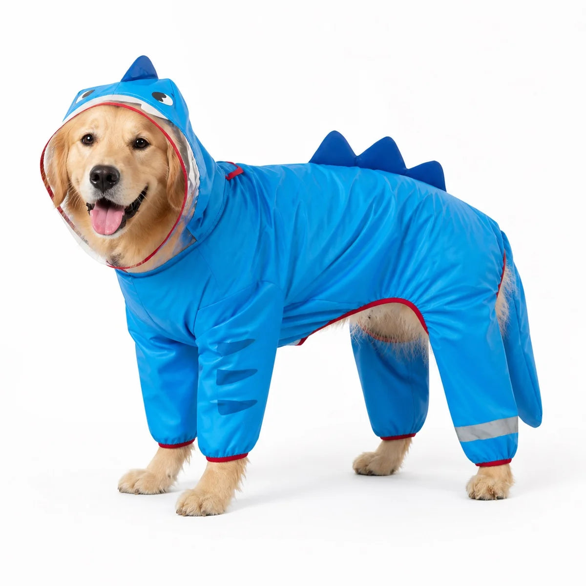 Blue shark dog raincoat worn by a dog on a white background