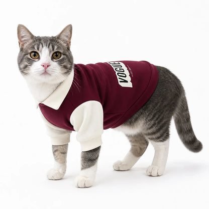 Burgundy colorblock polo cat sweatshirt worn by a pet on a white background, image 3