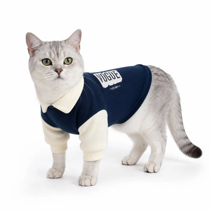 Navy colorblock polo cat sweatshirt worn by a pet on a white background, image 1
