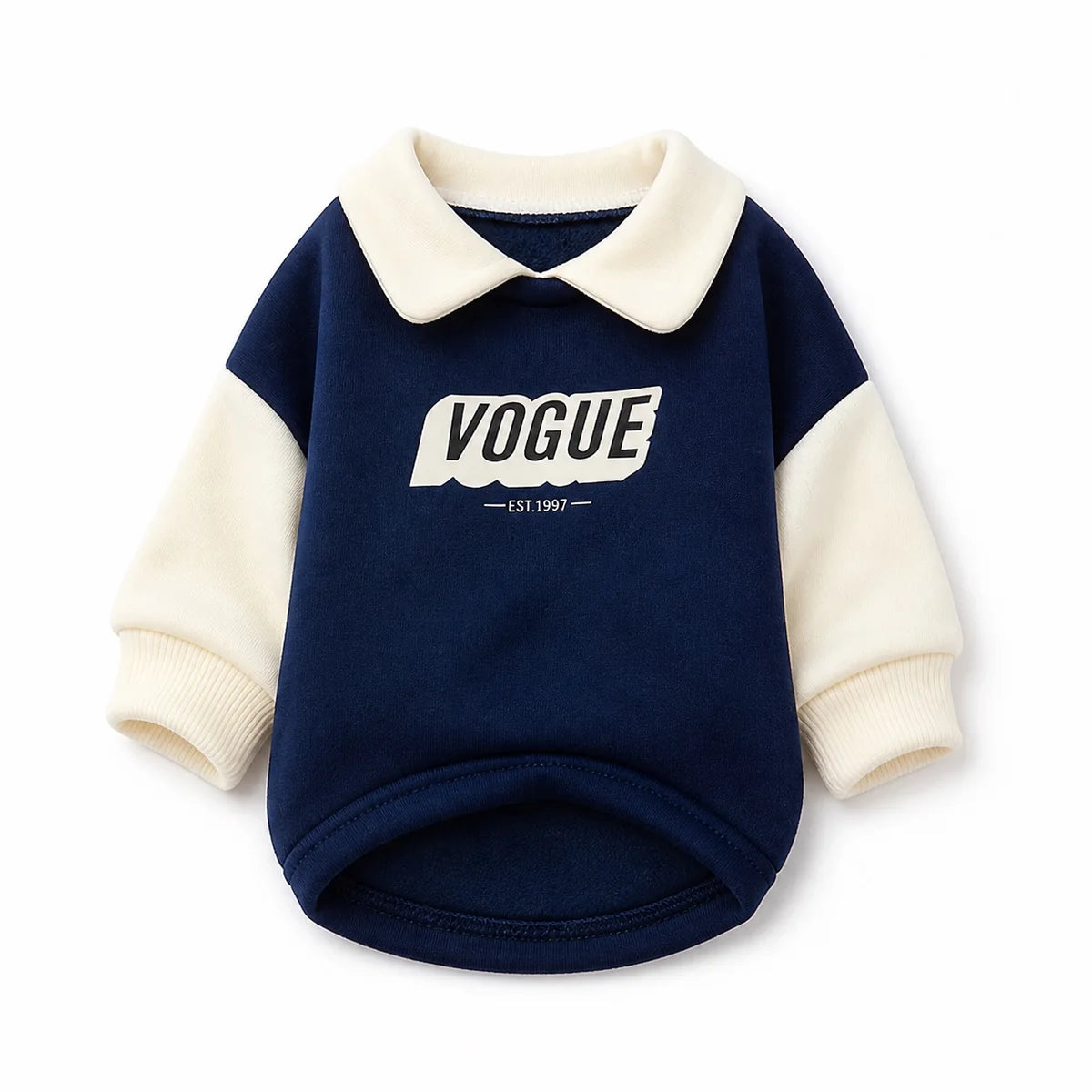 Navy colorblock polo cat sweatshirt shown alone on a white background, image 2