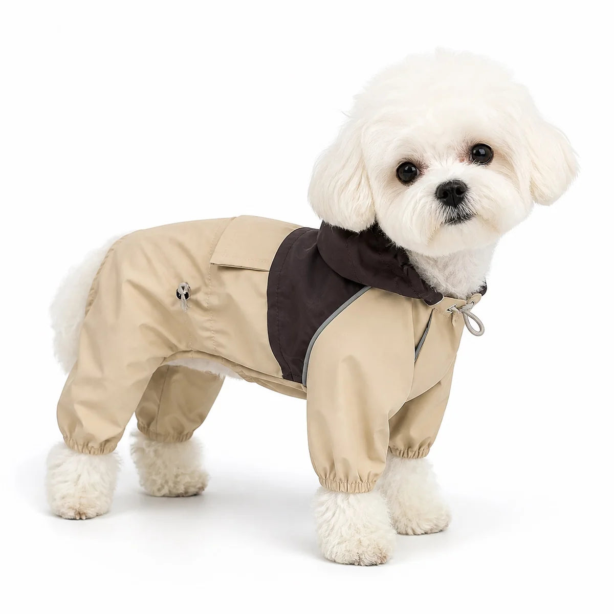 Khaki colorblock utility dog raincoat worn by a pet on a white background