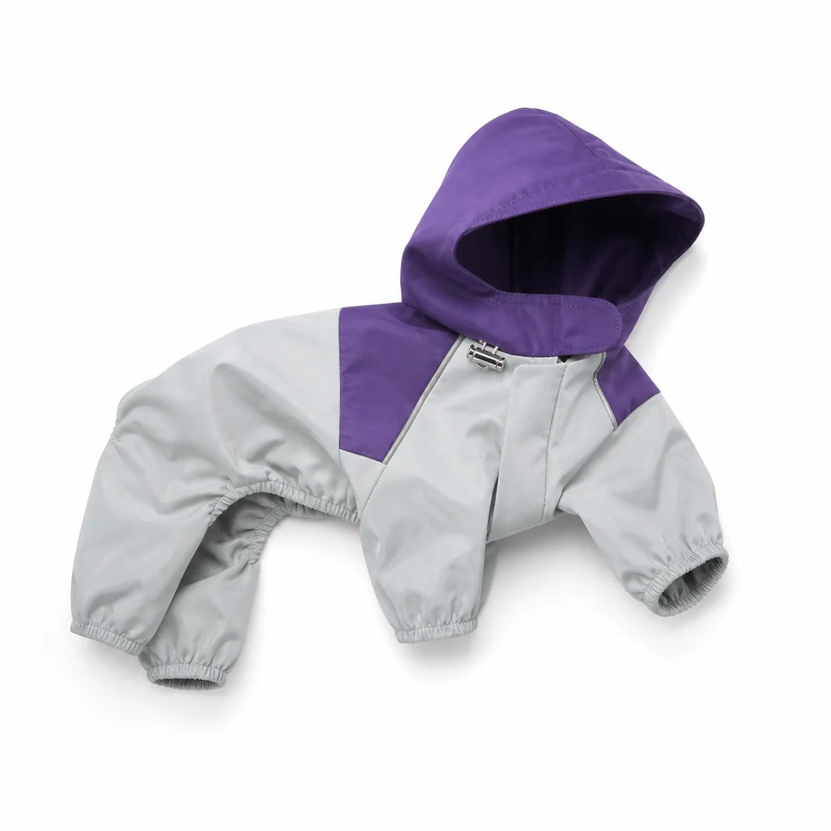 Purple colorblock utility dog raincoat shown alone on a white background