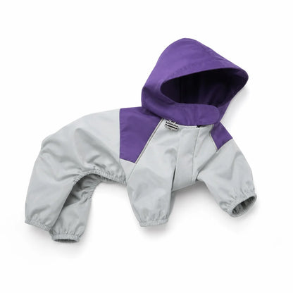 Purple colorblock utility dog raincoat shown alone on a white background