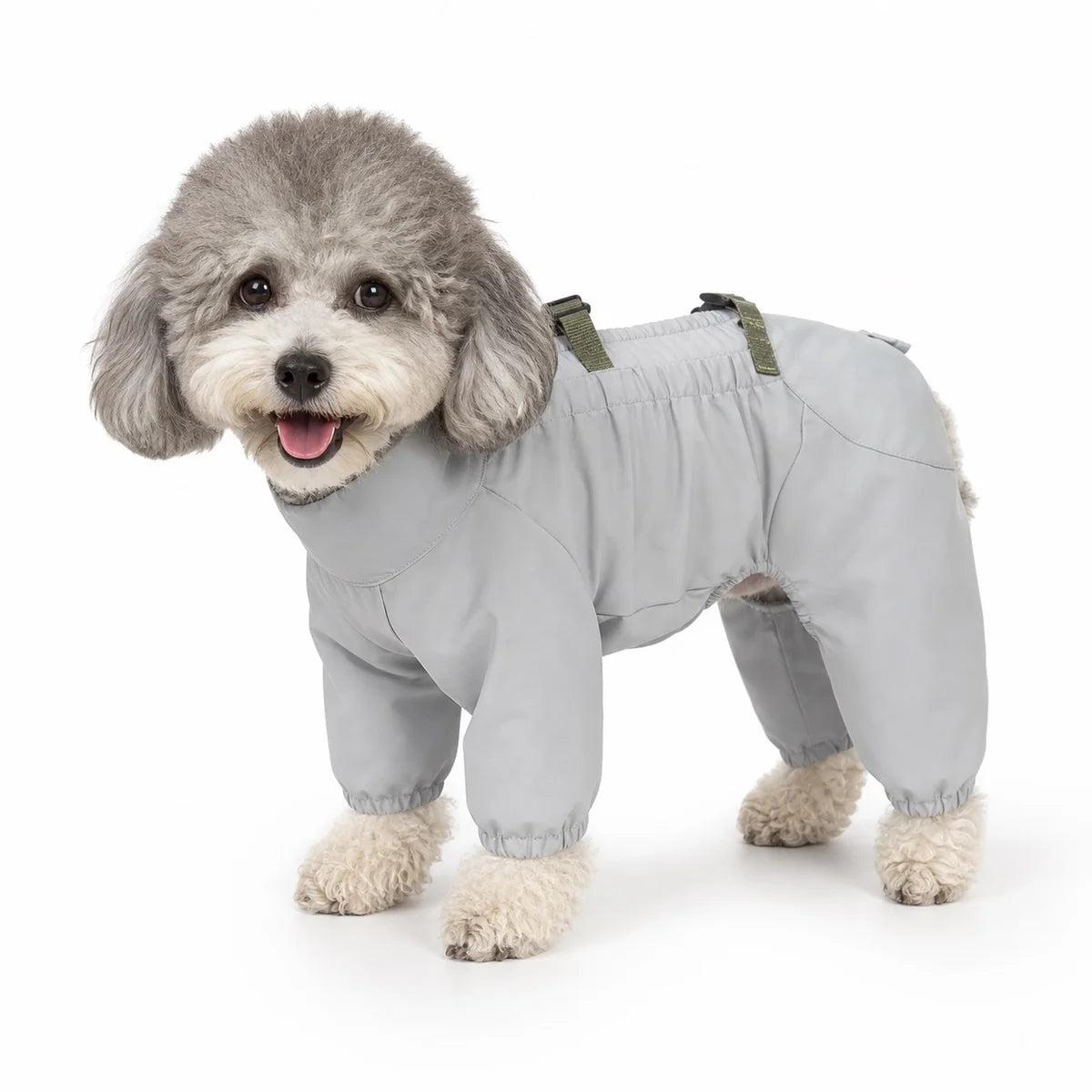 Gray protective suit dog rainwear and boot set worn by a pet on a white background, image 3