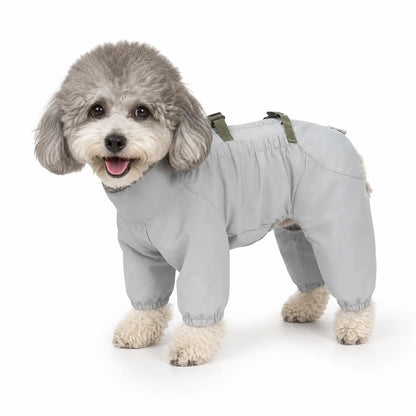 Gray protective suit dog rainwear and boot set worn by a pet on a white background, image 3