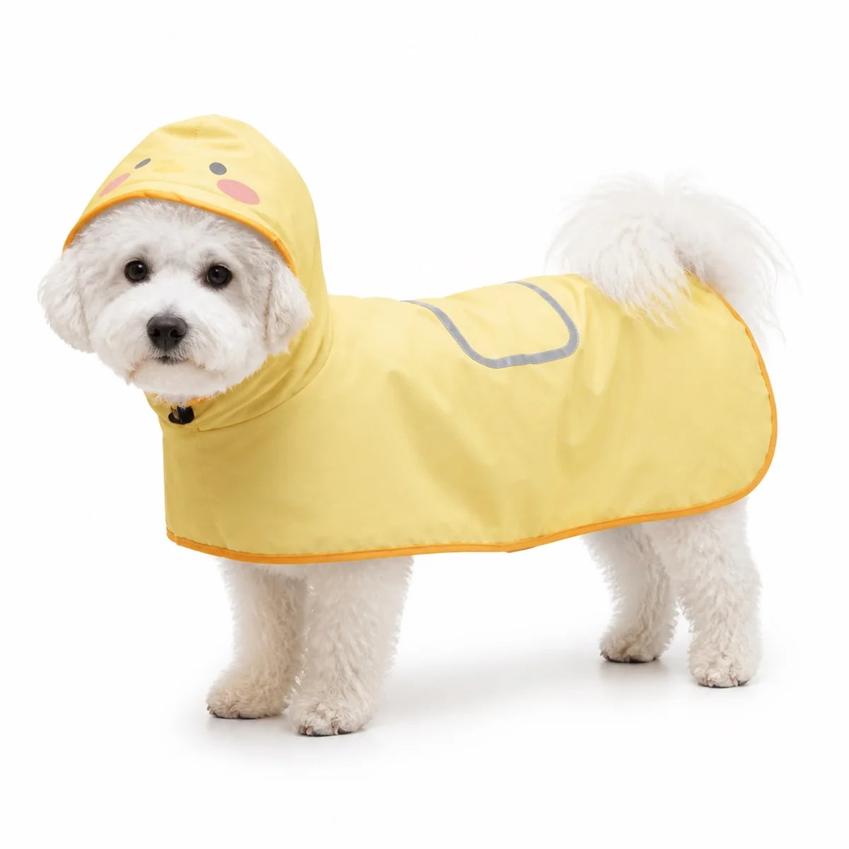 Yellow duck cape dog raincoat worn by a pet on a white background