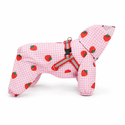 Pink strawberry print dog raincoat shown alone on a white background