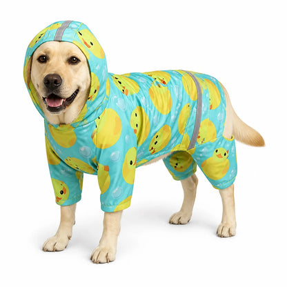 Teal bath duck dog raincoat worn by a dog on a white background