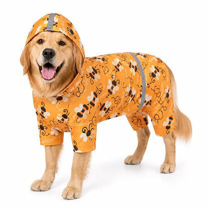 Orange bumblebee dog raincoat worn by a dog on a white background