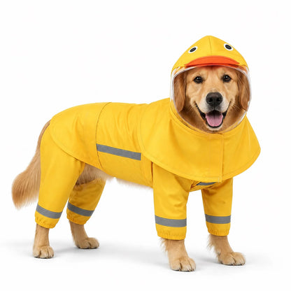 Yellow hooded duck dog raincoat worn by a dog on a white background